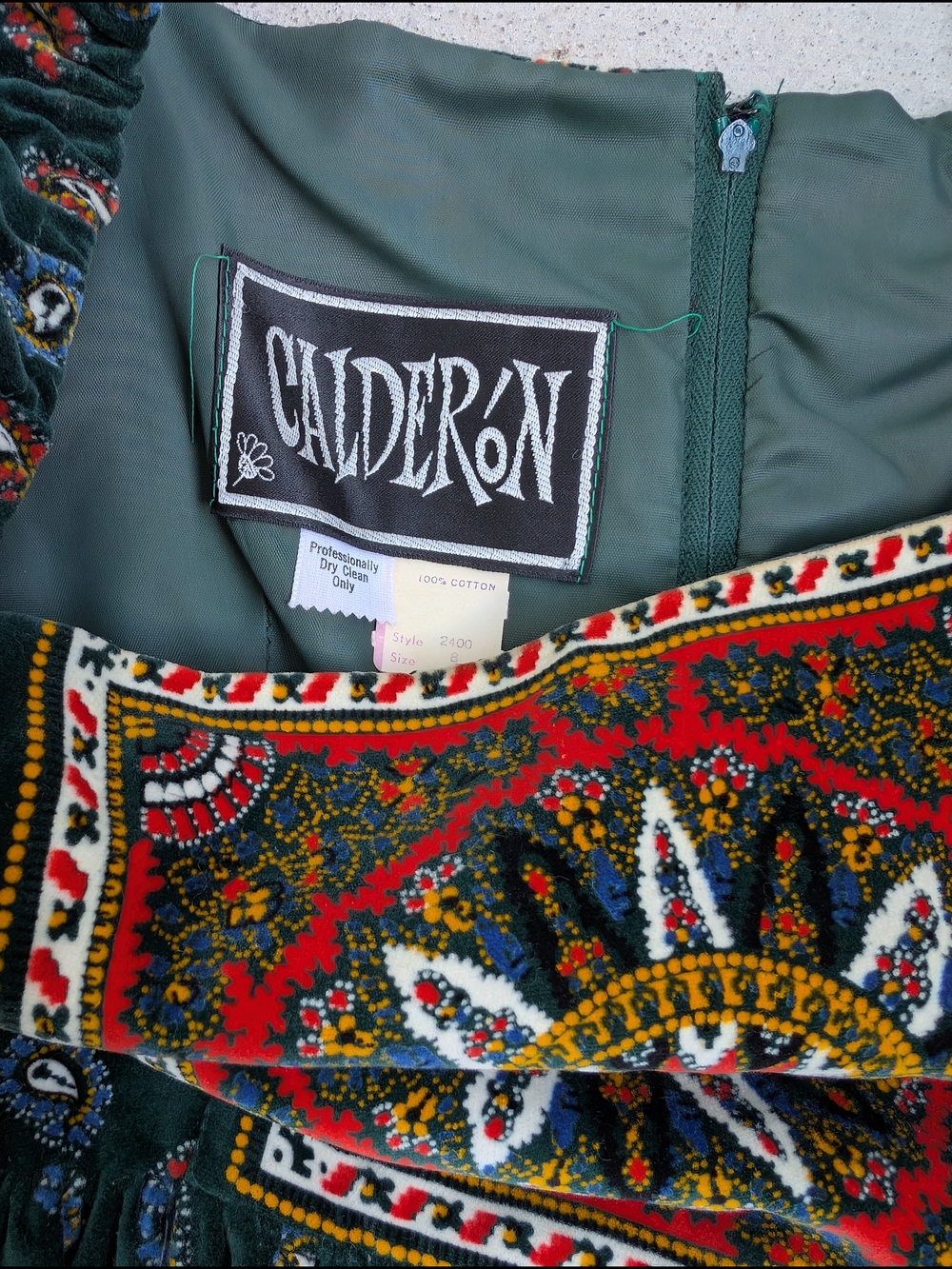 Bohemian Hippie Vintage 70s Calderon Velour Velvet Green Printed Maxi Dress - Picture 6 of 8